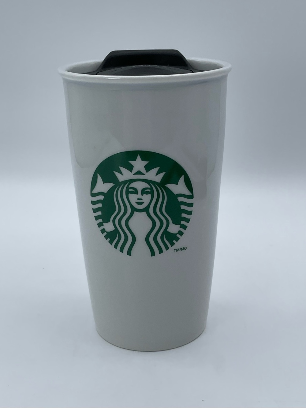 Starbucks 2011 White Ceramic Travel Mug 12 oz Black Lid Siren Logo Coffee Cup
